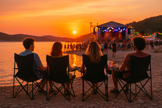 Festivalbesucher sitzen entspannt auf einem Campingstuhl auf einer Wiese bei Sonnenuntergang – Stimmung zwischen Musik, Natur und Freiheit