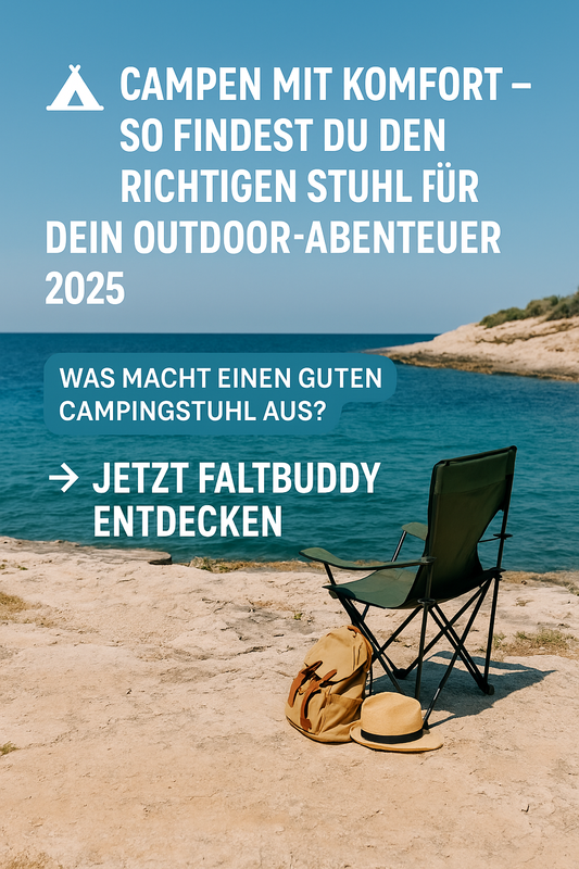 Camping-Szene an einem felsigen Mittelmeerstrand mit Faltstuhl, Rucksack und Sonnenhut in der Sonne. Darüber liegt Text: Campen mit Komfort – So findest du den richtigen Stuhl für dein Outdoor-Abenteuer 2025.