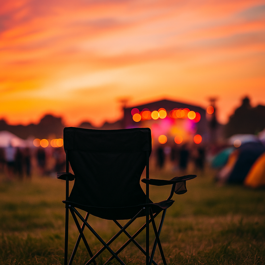 Faltbuddy Campingstuhl auf einem Festivalgelände mit Musikbühne im Hintergrund.