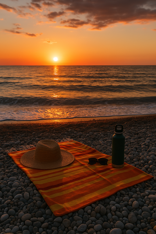 Sonniger Steinstrand in Kroatien mit ruhigem türkisfarbenem Meer, ideal für entspannte Outdoor-Momente im Sommerurlaub