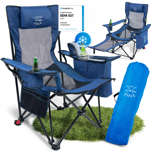 Faltbuddy® Relax Pro – 2in1 Campingstuhl & Liegestuhl mit Kühltasche (bis 180 kg) - Blau