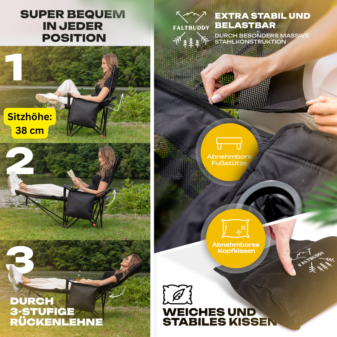 Faltbuddy® Relax Pro Campingstuhl - schwarz 2er Set - Faltbuddy