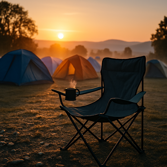 Festivalmorgen mit Campingstuhl auf freiem Feld bei Sonnenaufgang – Zelte und Natur im Hintergrund