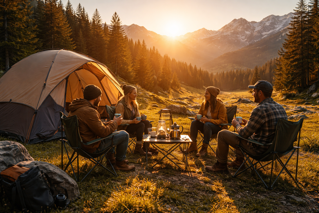 Camping Saisonstart mit klappbarem Campingstuhl am Zeltplatz im Frühling