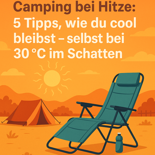 Illustration eines Campingplatzes bei Hitze mit Liegestuhl, Zelt, Sonnenschein und Text: ‘Camping bei Hitze: 5 Tipps, wie du cool bleibst – selbst bei 30 °C im Schatten