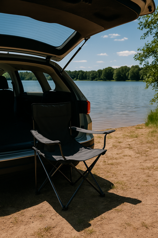 Stuhl vor offenem Kofferraum am See