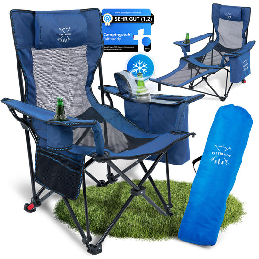 Faltbuddy® Relax Pro – 2in1 Campingstuhl & Liegestuhl mit Kühltasche (bis 180 kg) - Blau