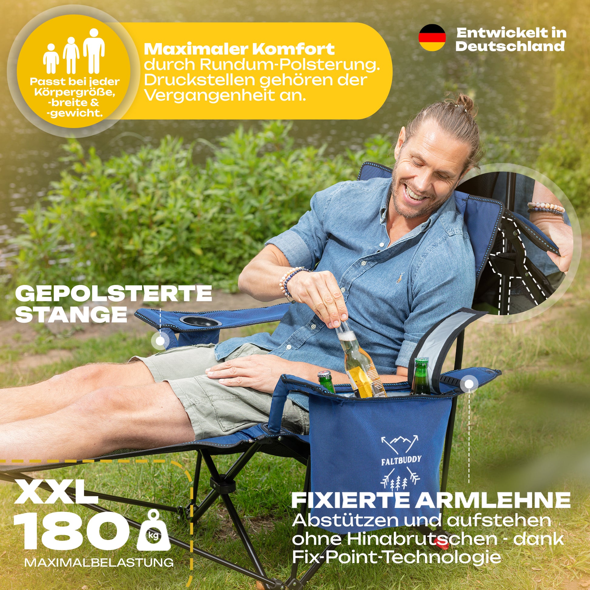 faltbuddy campingstuhl Faltbuddy® Relax Pro – 2in1 Campingstuhl & Liegestuhl mit Kühltasche