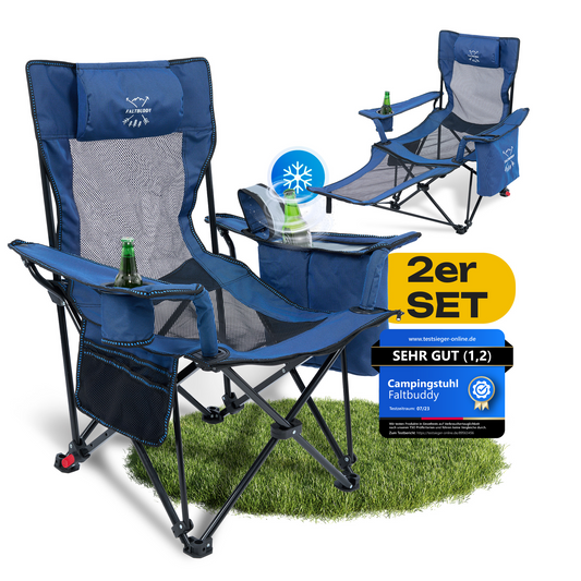 Faltbuddy® Relax Pro – 2in1 Campingstuhl & Liegestuhl mit Kühltasche (bis 180 kg) - Blau 2er Set